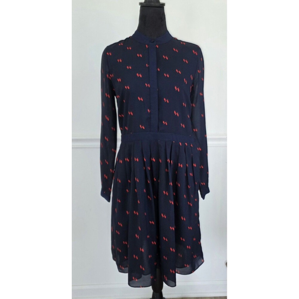 J.Crew Womens 0 Navy Red Print Pleated Shirt Dress Long Sleeve Fit Flare B4421